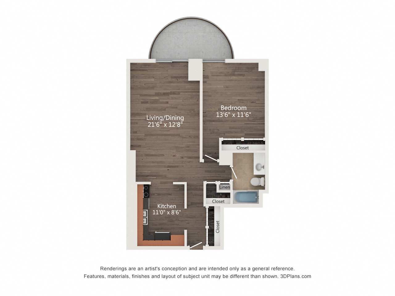 Floor plan for 1 bed, 1 bath, 740 sqft